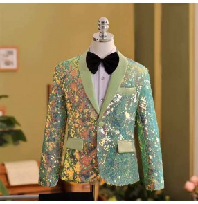 Boy toddlers jazz dance green sequins coats for children kids performance dress suits Catwalk Wedding flower boys coats choir birthday Piano jackets